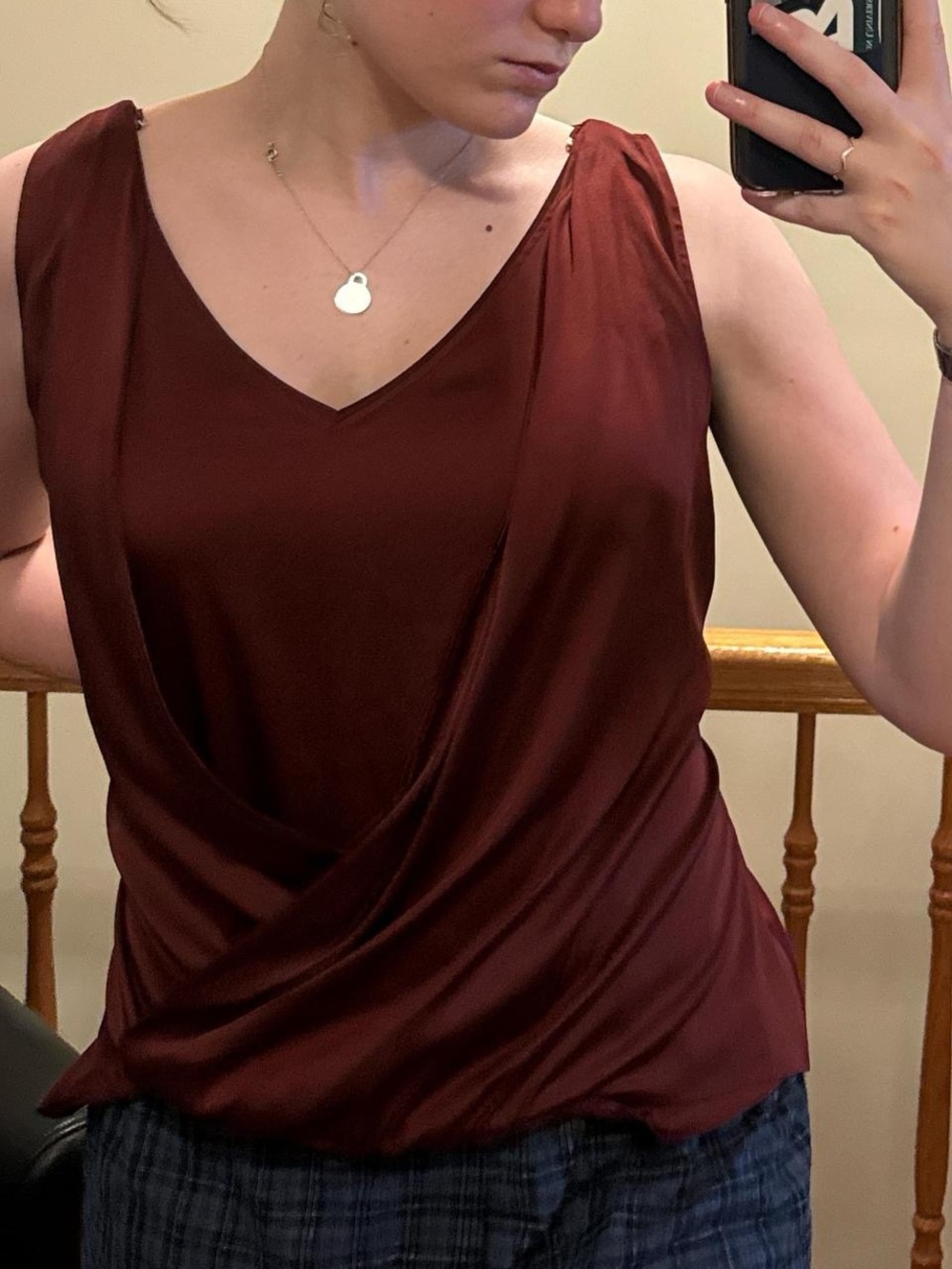 white house black market fancy burnt orange/burgandy v-neck twist blouse